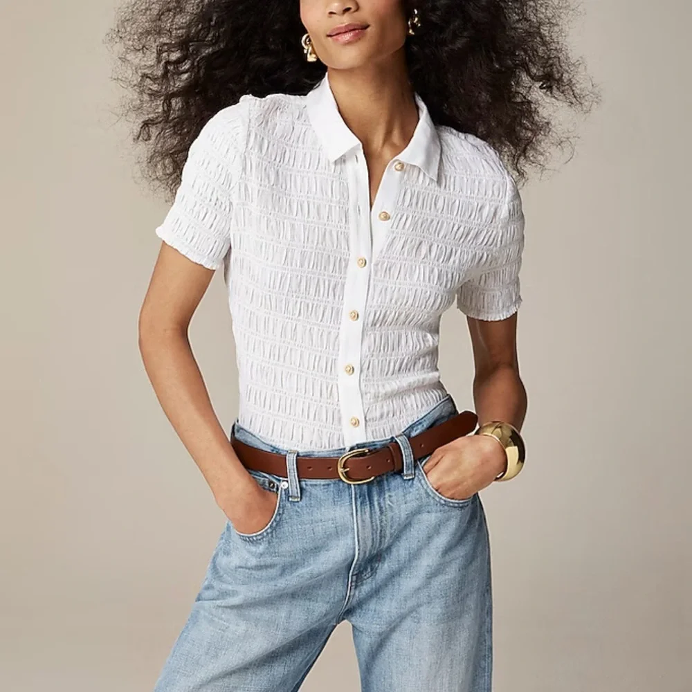 J. Crew Smocked Button-Up Shirt in White Cotton Voile - Picture 1 of 4